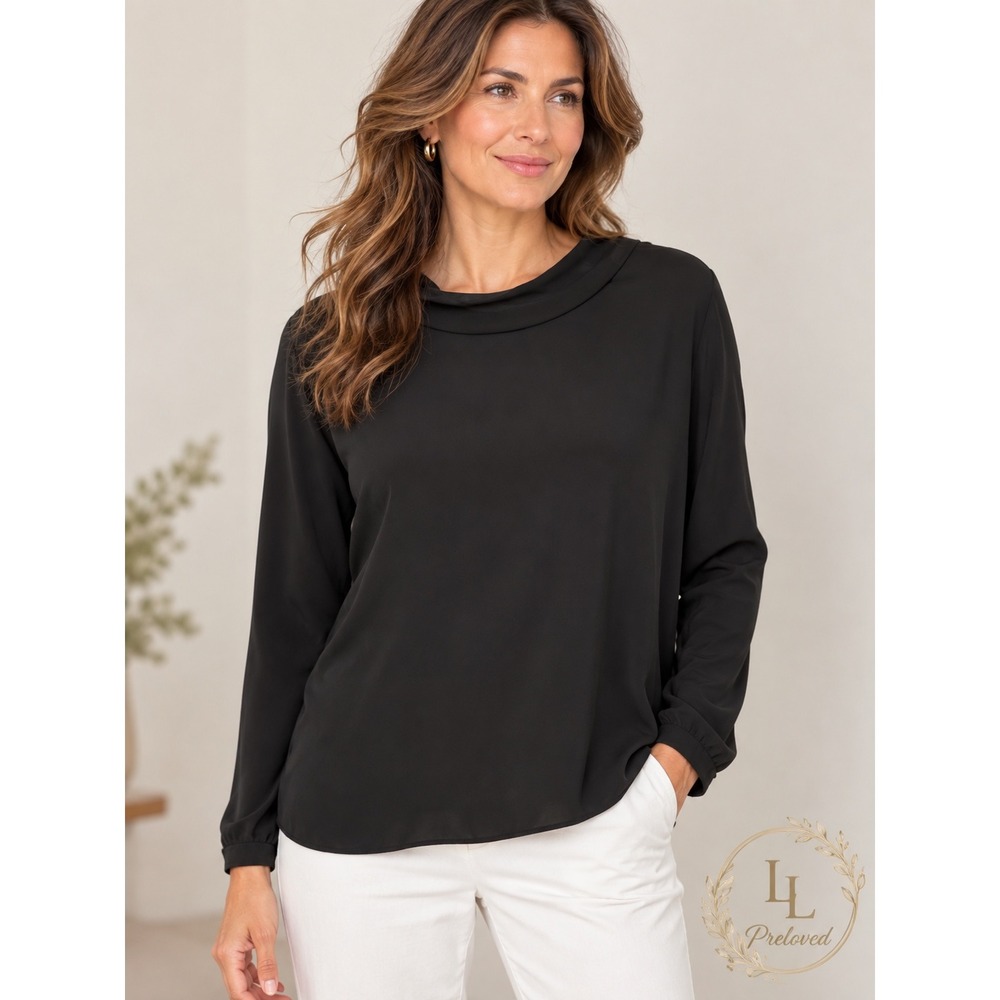 Eileen Fisher Silk Mock Neck Top Womens XL Black Long Sleeve Zipper Back Blouse